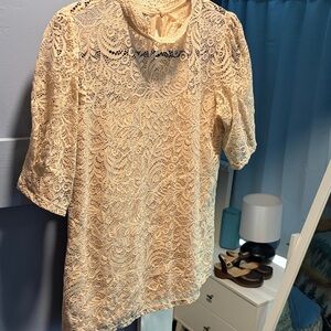 Lace Mockneck Puff Sleeve Top